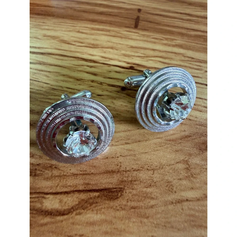 Swank Vintage Silver Tone Concentric Circle Crystal Cufflinks OS - Unsigned